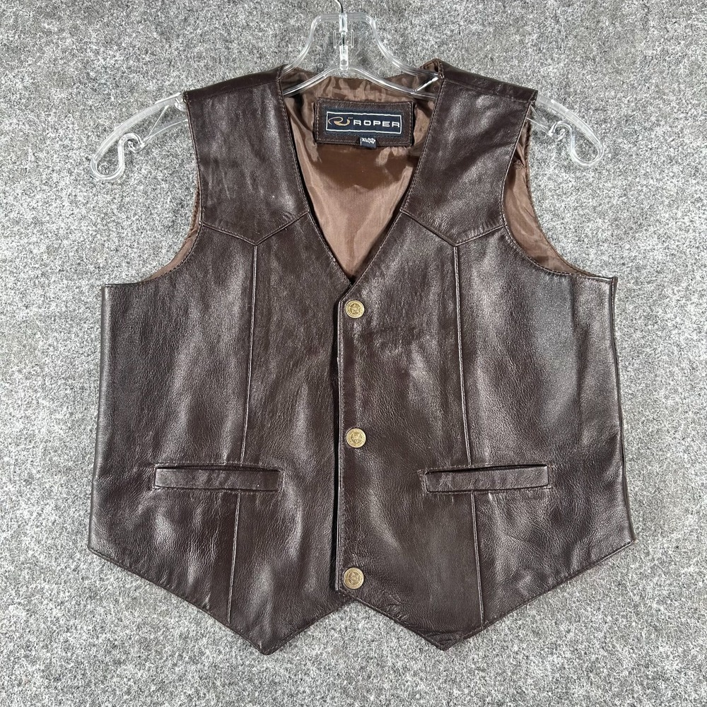 Roper‎ Western Vest Boys XL(12) Brown Leather V-Neck Classic Three Snap Closure